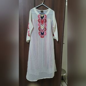 Sheer cream embroidered kurta with coloured lining
